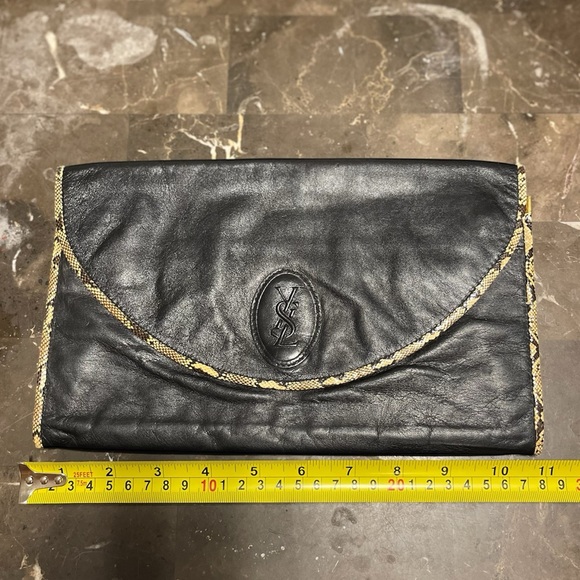 Vintage Yves Saint Laurent Black Leather Fold-Over Clutch with Snake Trim - Picture 6 of 10